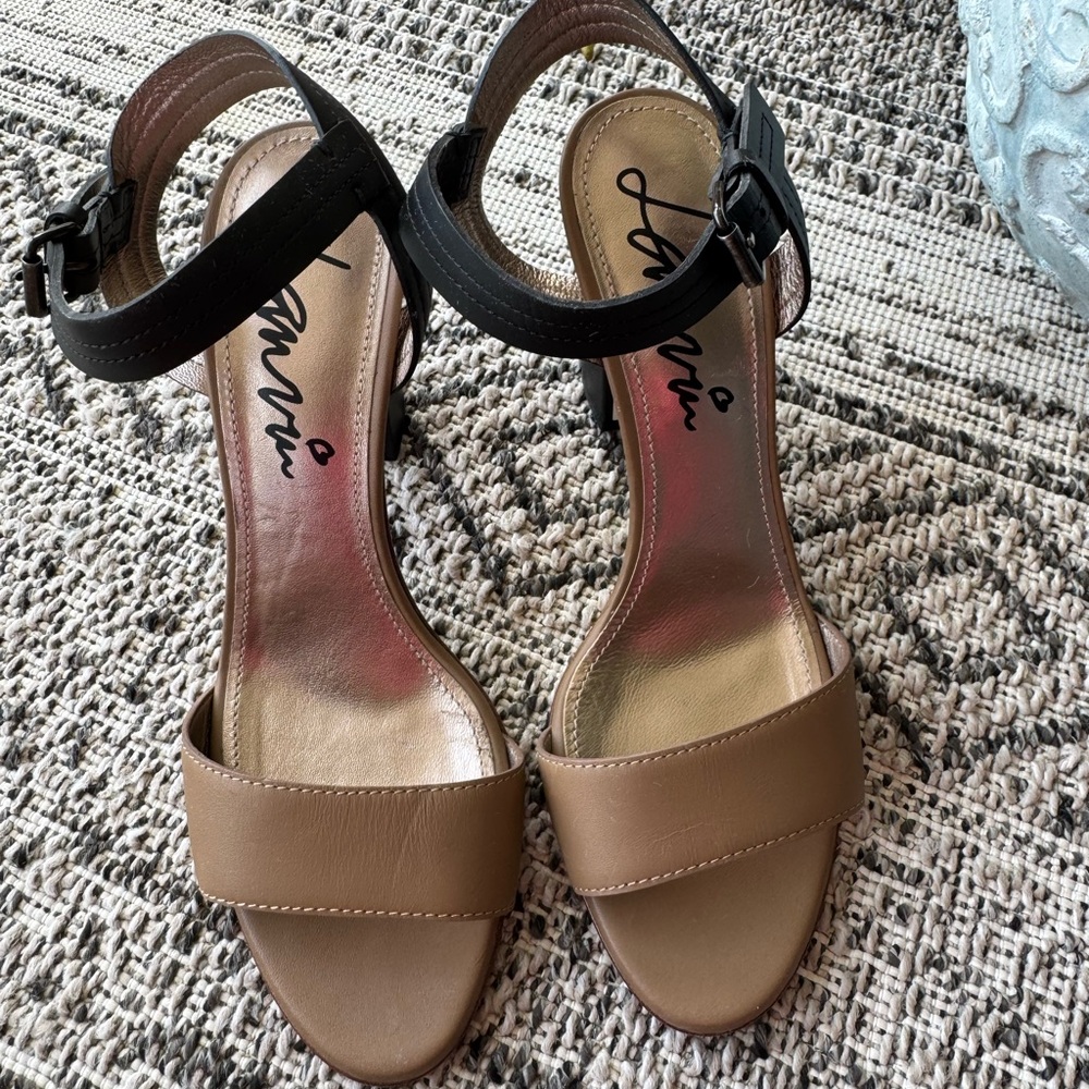 Lanvin Black & Beige Calf Leather Block Heel Strappy Sandals Size 8.5